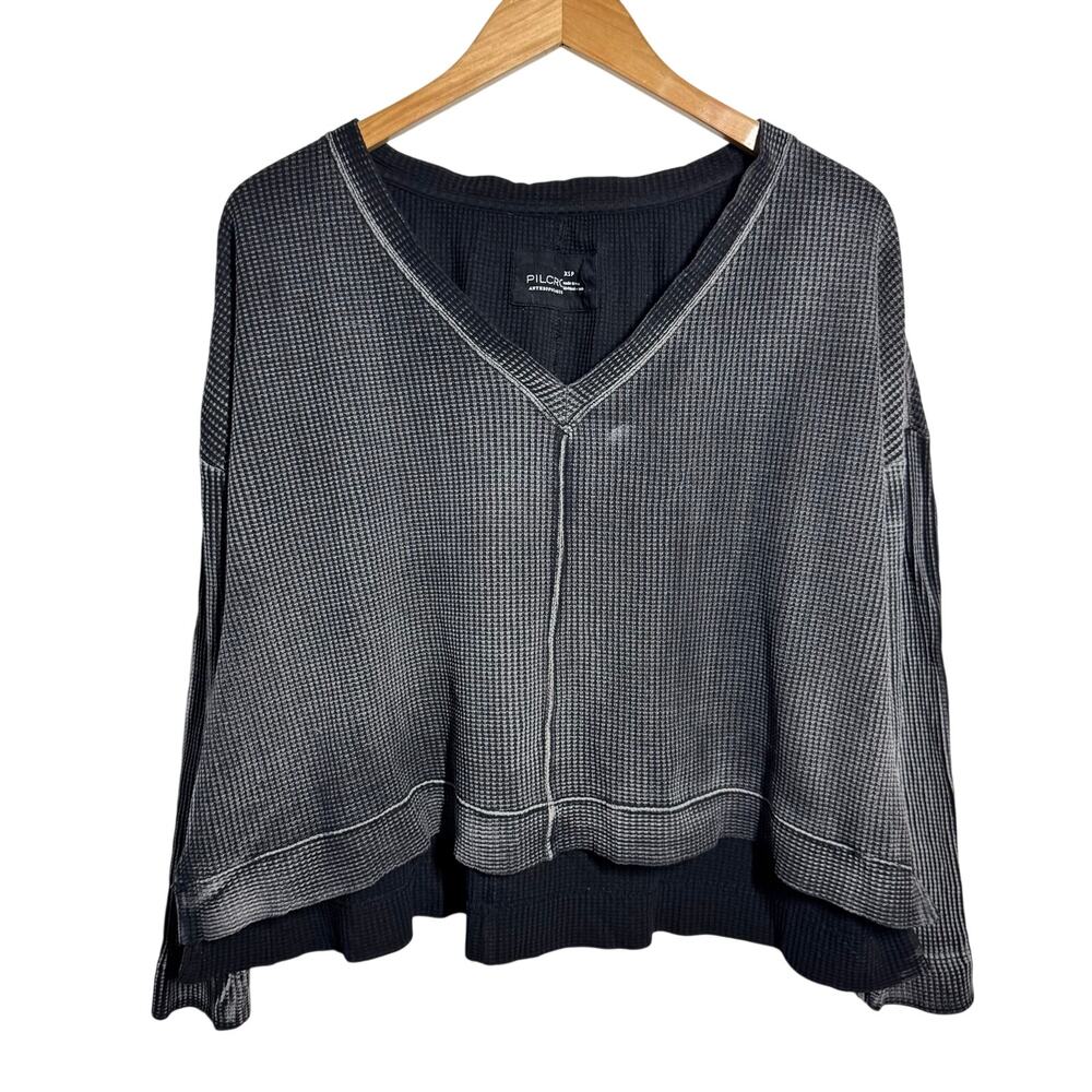 Anthropologie Pilcro Moira Washed Waffle‎ V-Neck Sweater Women XS Charcoal Gray